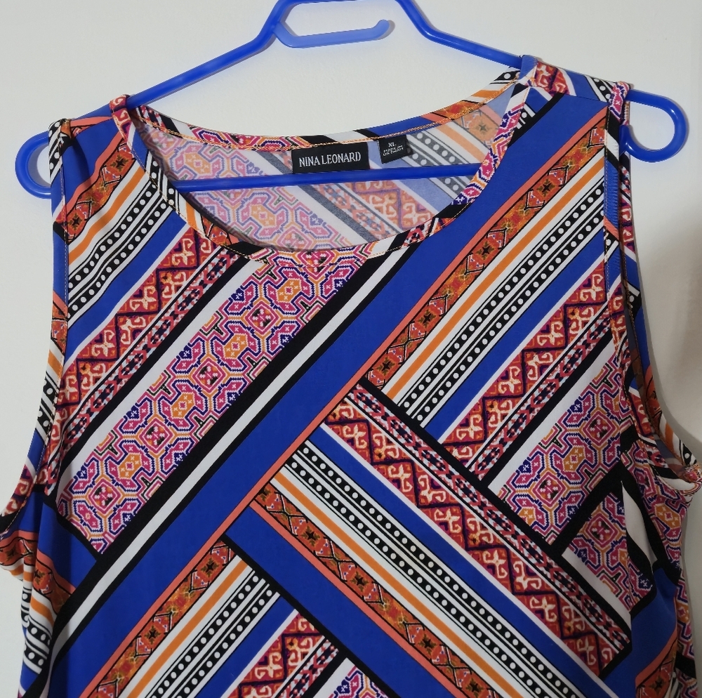 Nina Leonard XL Sleeveless Geometric Print Tank Top Blue Orange Matte Jersey EUC - Picture 3 of 10